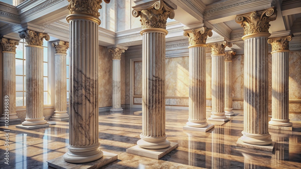 Fototapeta premium Elegant marble columns bathed in soft, natural light, showcasing intricate details, subtle shadows, and highlights that accentuate their timeless, classical charm and architectural beauty.