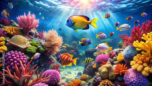A whimsical underwater world featuring colorful coral reefs and exotic fish
