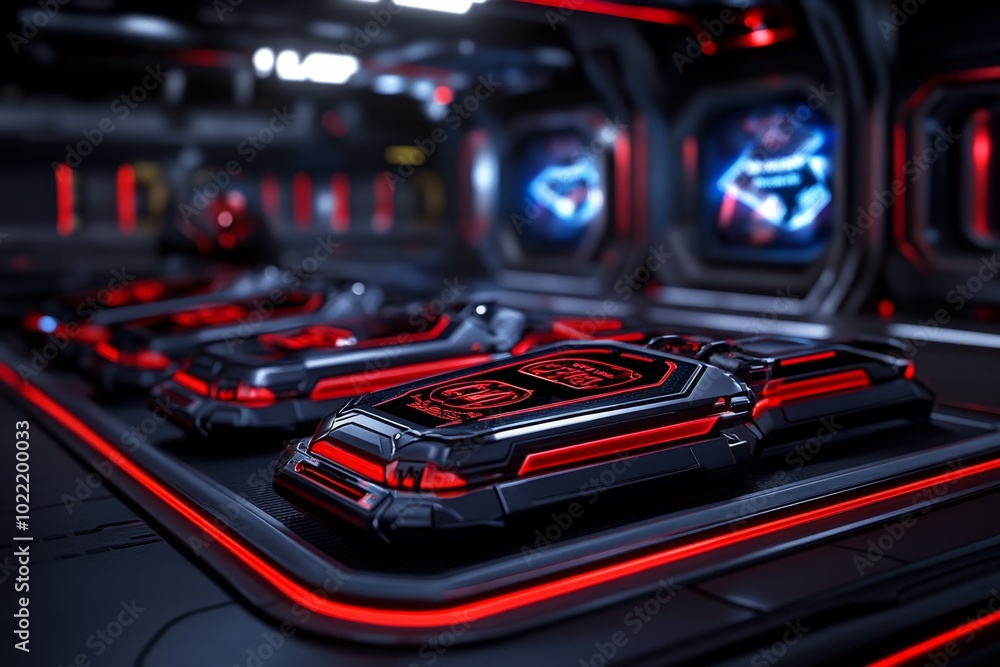 A futuristic shopping mall where holographic doorbusters signs flash above sleek, high-tech gadgets on sale, with robotic shoppers grabbing deals A futuristic shopping mall where holographic doorbusters signs flash above sleek, high-tech gadgets on sale, with robotic shoppers grabbing deals