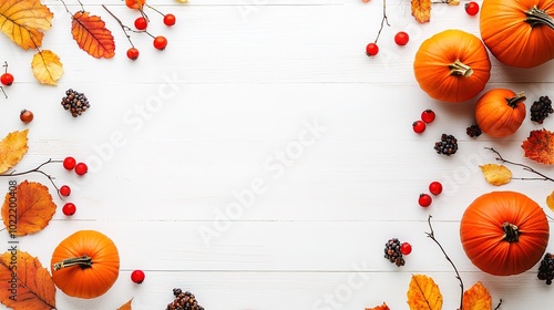 Wallpaper Mural Autumn Frame Decor Featuring Pumpkins, Berries, and Leaves on a White Wooden Background, Ideal for Thanksgiving or Halloween Celebrations with Ample Copy Space for Text Torontodigital.ca