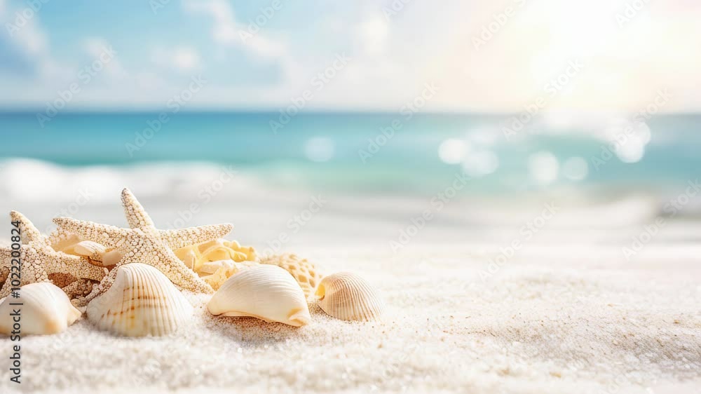 Seashells of various shapes and sizes lie on the warm sand as gentle ocean waves caress the shore under a bright sun Seashells of various shapes and sizes lie on the warm sand as gentle ocean waves caress the shore under a bright sun