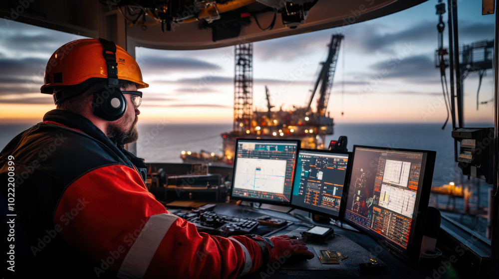 worker in orange safety helmet and jacket monitors multiple screens in offshore oil rig control room, showcasing blend of technology and industry. sunset creates dramatic backdrop worker in orange safety helmet and jacket monitors multiple screens in offshore oil rig control room, showcasing blend of technology and industry. sunset creates dramatic backdrop
