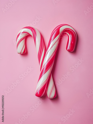 Two 2 appetizing  christmas canes on sweet pink background