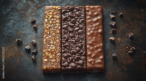 Three Chocolate Bars with Nuts and Chocolate Chips on a Dark Background photo