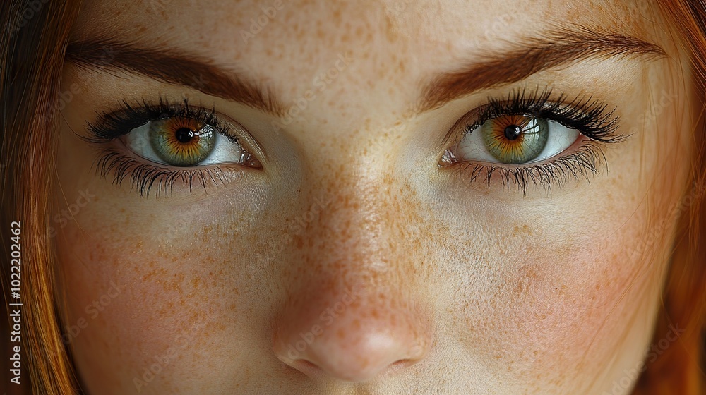 Fototapeta premium Close Up Portrait of a Woman with Green Eyes and Freckles