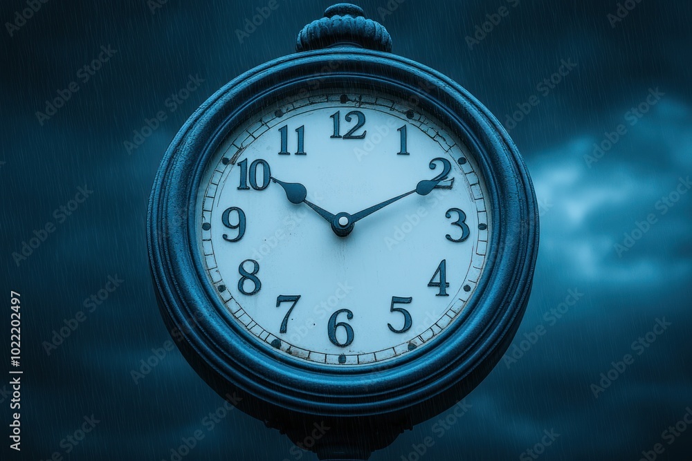 An old-fashioned clock face with Roman numerals set against a stormy sky. An old-fashioned clock face with Roman numerals set against a stormy sky.
