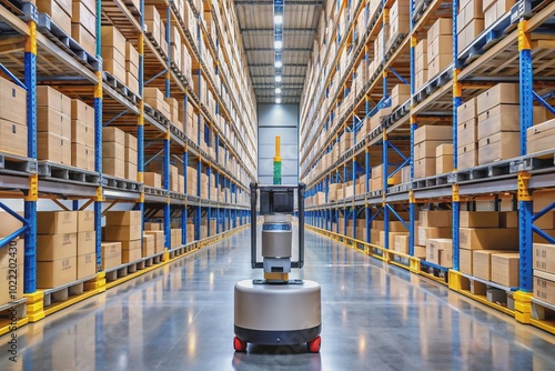 Rugged, high-precision warehouse robot with advanced navigation and grippers efficiently navigates rows of shelves, scanning and retrieving items with autonomous ease and accuracy.