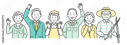 高齢者男女のセカンドライフの仕事いろいろの上半身イラスト
