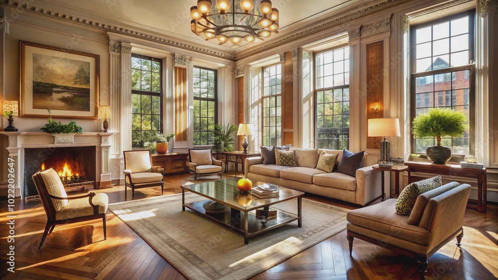 Warm sunlight pours through large windows, illuminating a stylish New York Brownstone living room with plush furniture, rich wood accents, and elegant decorative elements. Warm sunlight pours through large windows, illuminating a stylish New York Brownstone living room with plush furniture, rich wood accents, and elegant decorative elements.