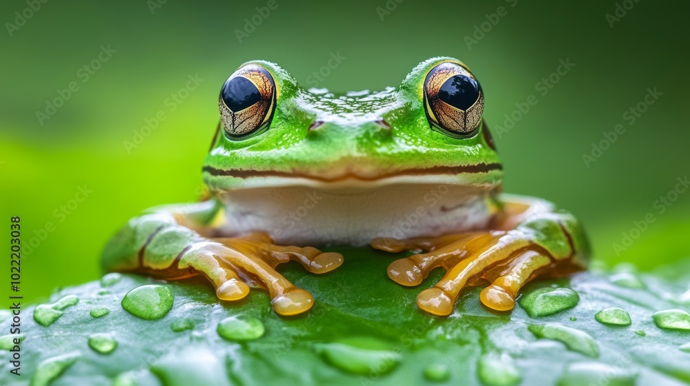 Green Frog Resting on Leaf with Water Droplets Green Frog Resting on Leaf with Water Droplets