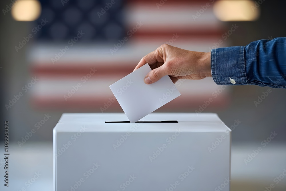 Hand inserting vote ballot into white ballot box. 2024 Presidential elections. Vote day, November 5. US Election campaign. USA, United States of America. Democratic process. Democracy and freedom Hand inserting vote ballot into white ballot box. 2024 Presidential elections. Vote day, November 5. US Election campaign. USA, United States of America. Democratic process. Democracy and freedom