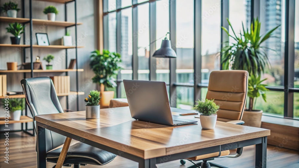 Professional workspace with open laptop computer and empty chair, symbolizing a busy entrepreneur or small business owner working online in a modern office setting. Professional workspace with open laptop computer and empty chair, symbolizing a busy entrepreneur or small business owner working online in a modern office setting.