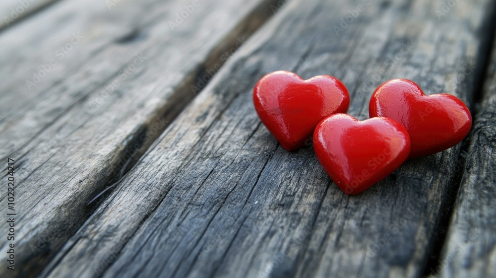 Fototapeta premium Two Small Red Hearts on Rustic Wooden Surface
