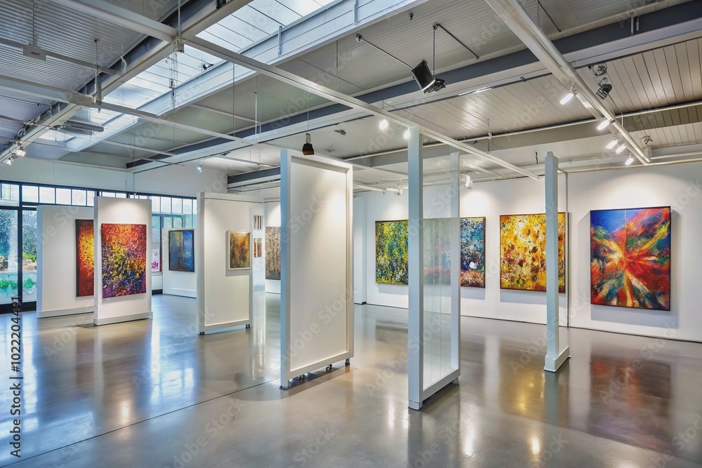 Contemporary art gallery with sleek movable partitions displaying eclectic modern art pieces in a bright, airy space, offering versatile layout configurations and creative freedom. Contemporary art gallery with sleek movable partitions displaying eclectic modern art pieces in a bright, airy space, offering versatile layout configurations and creative freedom.