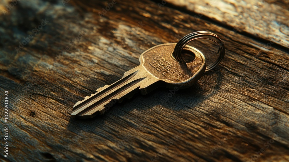 Rustic Wooden Surface with a Key Close Up