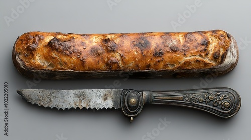 Rustic Bread Loaf with Vintage Knife - A Culinary Still Life photo