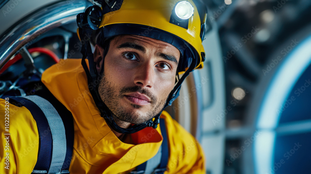 Fototapeta premium focused male diver in bright yellow suit and helmet, equipped with headlamp, prepares for underwater exploration. His expression reflects determination and readiness for adventure ahead
