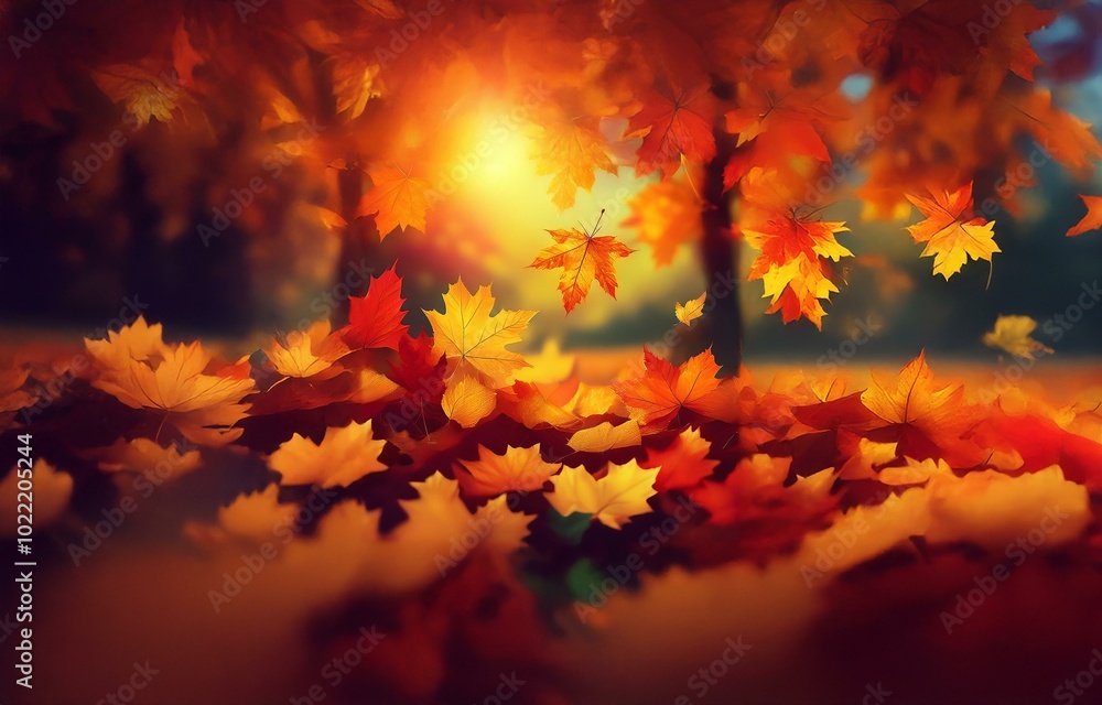 Autumn leaves fall in a forest, illuminated by a warm sunset. Autumn leaves fall in a forest, illuminated by a warm sunset.