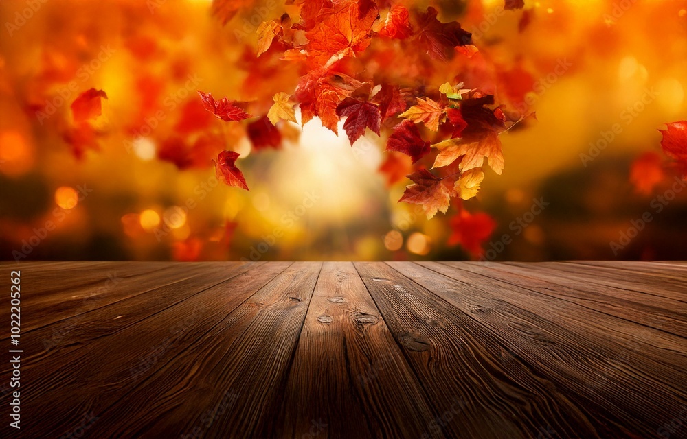 A wooden table top with a blurred background of orange, red, and yellow leaves. A wooden table top with a blurred background of orange, red, and yellow leaves.