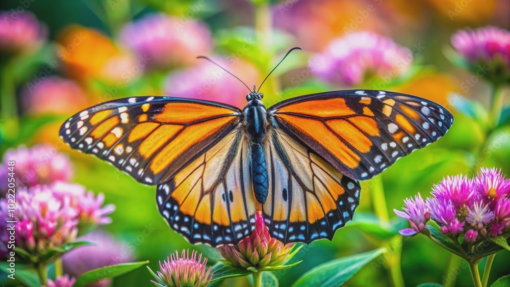 Fototapeta premium Vibrant butterfly with intricate wings spread wide, gently lands on a soft, pastel-hued flower, surrounded by lush green foliage in a serene natural setting.