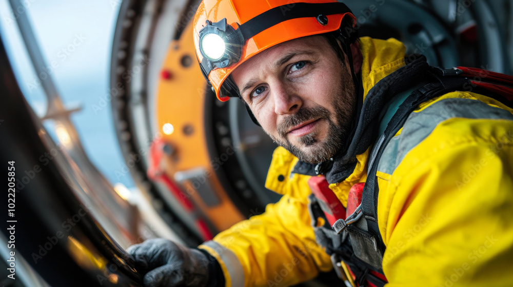 Obraz premium focused worker in bright yellow waterproof jacket and helmet, equipped with headlamp, prepares for task in marine environment, showcasing determination and professionalism
