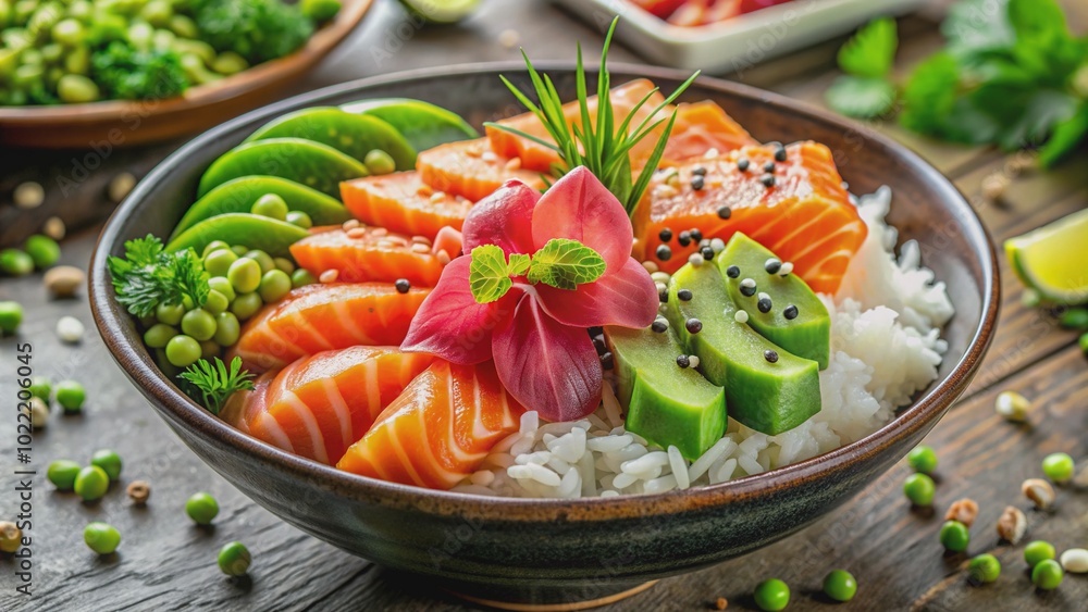 Vibrant mixed seafood bowl with fresh salmon sashimi, edamame, pickled ginger, and sesame seeds on a bed of steaming white sushi rice. Vibrant mixed seafood bowl with fresh salmon sashimi, edamame, pickled ginger, and sesame seeds on a bed of steaming white sushi rice.