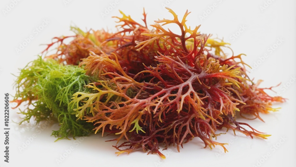 Naklejka premium Irish moss seaweed, also known as carrageen moss, lies flat on a clean white background, showcasing its delicate, branching, red-tinged fronds and vibrant green color.