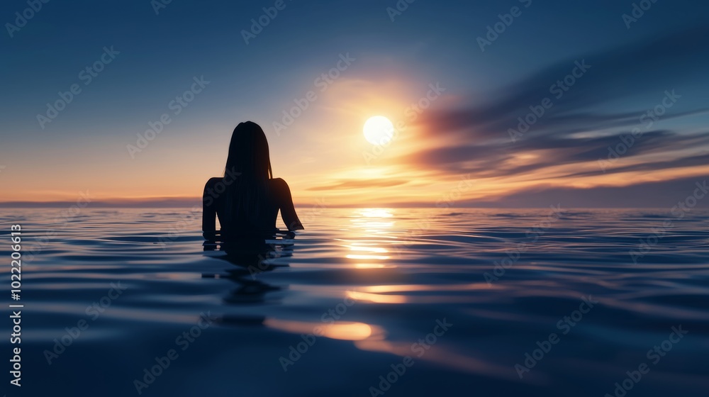 Woman Floating Over Calm Sea at Twilight Woman Floating Over Calm Sea at Twilight