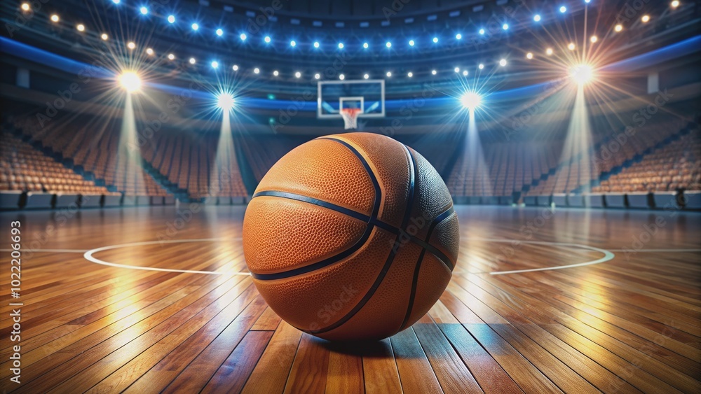 Solo basketball rests at center court, surrounded by vibrant floor markings and gleaming hardwood, under bright arena lights, awaiting the next intense competition. Solo basketball rests at center court, surrounded by vibrant floor markings and gleaming hardwood, under bright arena lights, awaiting the next intense competition.
