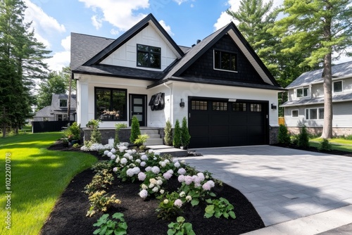 A solar-powered, modular home in a sustainable community, surrounded by greenery and clean energy photo