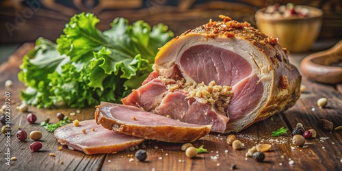 A succulent, half-eaten ham bone lies abandoned, oozing juices, with chunky meat torn off, surrounded by crumbs and a few stray lettuce leaves. photo