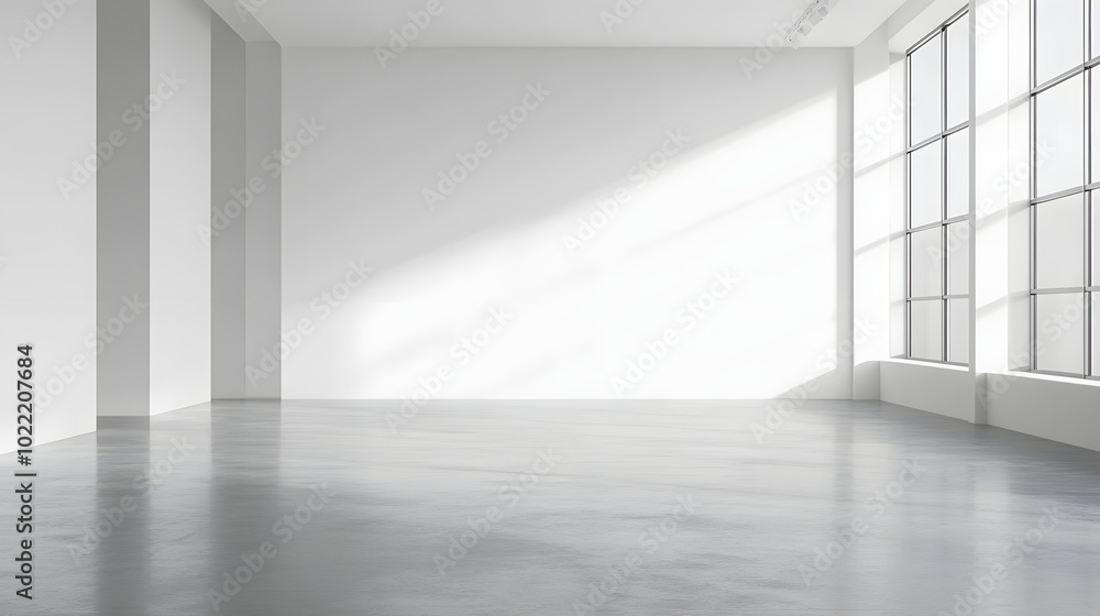 5. A refined scene of a white building with a minimal design, set in an empty wide space with a polished concrete floor, perfect for a mockup setting, offering ample copy space for branding or text 5. A refined scene of a white building with a minimal design, set in an empty wide space with a polished concrete floor, perfect for a mockup setting, offering ample copy space for branding or text