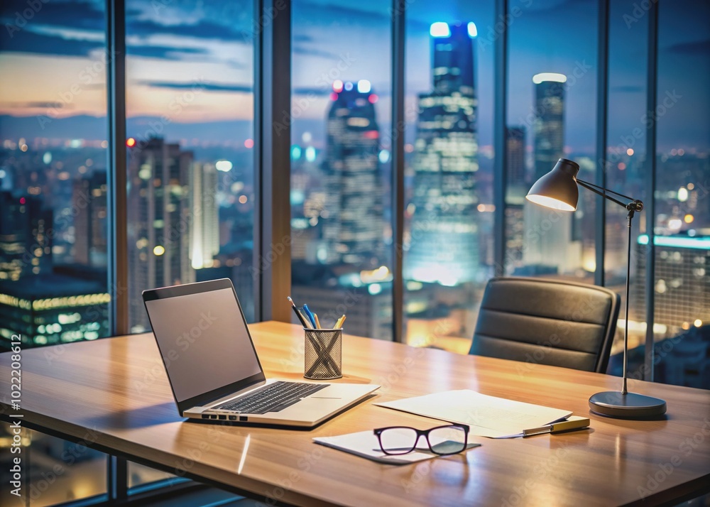 Empty office desk with papers, laptops, and glasses, surrounded by city lights at night, conveying a sense of business planning and negotiation. Empty office desk with papers, laptops, and glasses, surrounded by city lights at night, conveying a sense of business planning and negotiation.