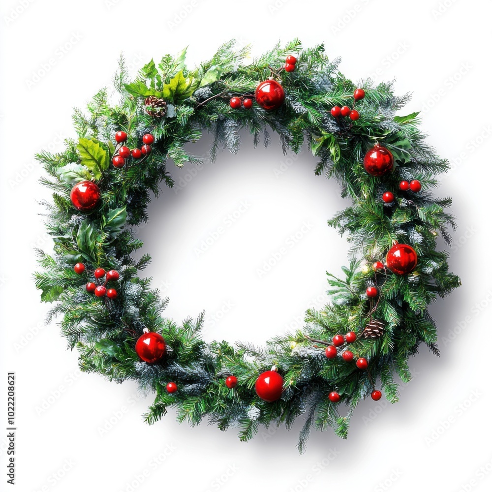 Christmas Wreath with Red Ornaments on White Background Christmas Wreath with Red Ornaments on White Background