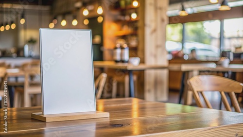 Wallpaper Mural White empty menu sign poster on a wooden cafe countertop against a blurred background, perfect for adding your restaurant or cafe's menu items and promotions. Torontodigital.ca