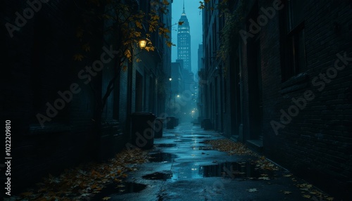 Dark and Narrow Alleyway in City with Wet Streets and Glowing Streetlights