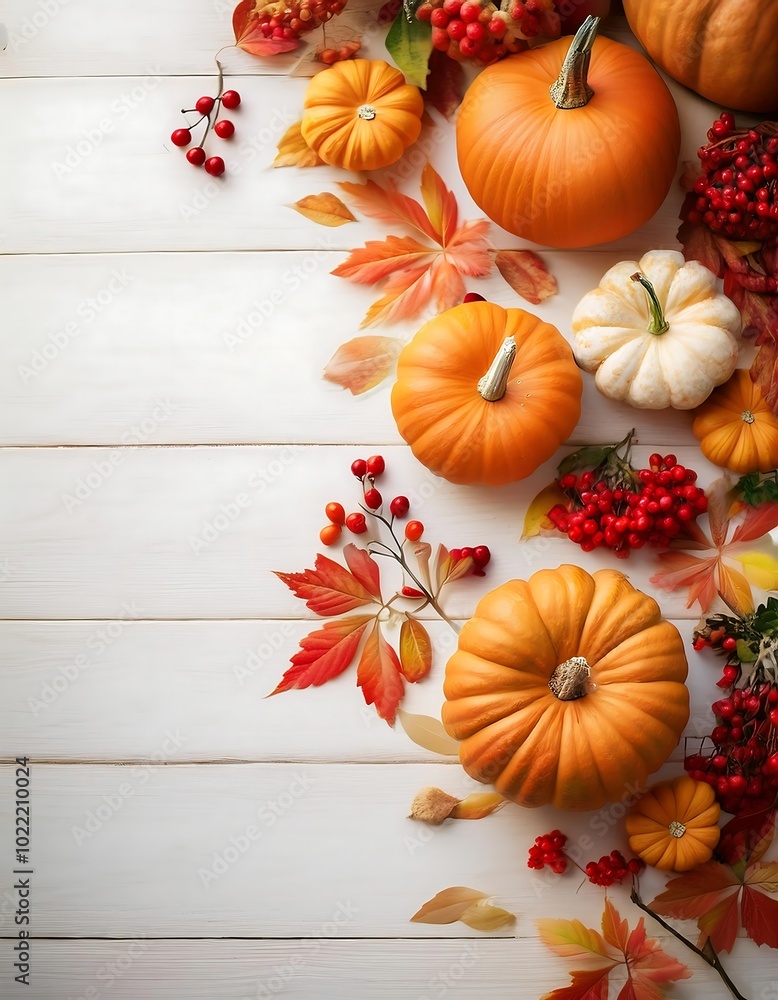 Autumnal display featuring pumpkins, crimson berries, and vibrant orange leaves on a rustic wooden table. Generative AI Autumnal display featuring pumpkins, crimson berries, and vibrant orange leaves on a rustic wooden table. Generative AI