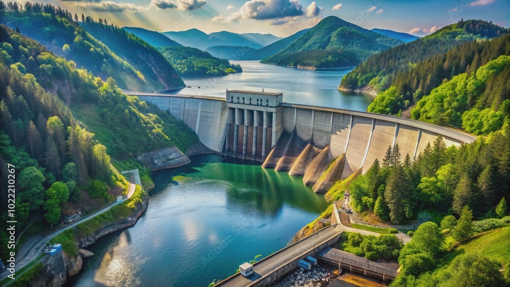 Majestic hydroelectric dam towering over serene landscape, generating clean energy and contributing to carbon credits, surrounded by lush green vegetation and calm waters. Majestic hydroelectric dam towering over serene landscape, generating clean energy and contributing to carbon credits, surrounded by lush green vegetation and calm waters.