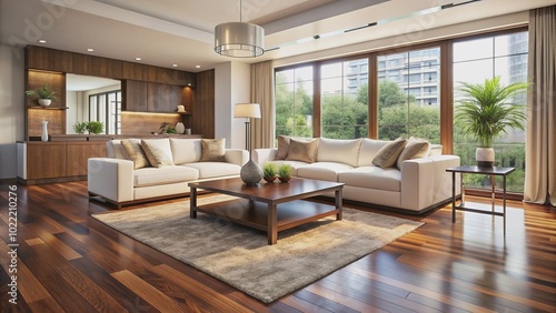 Spacious open-plan living room featuring a sleek white sofa, matching coffee table, and warm tan area rug on a richly stained hardwood floor.