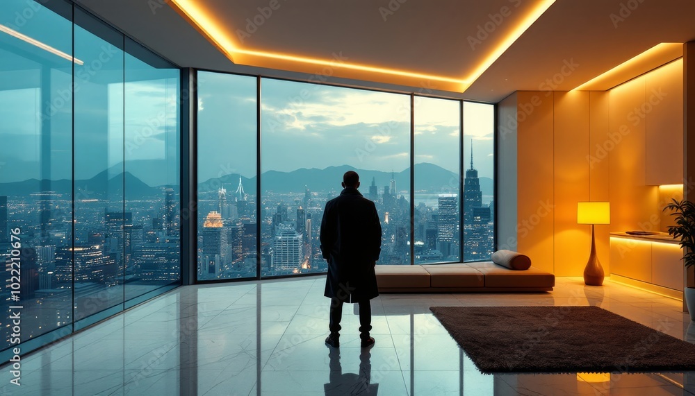 Fototapeta premium Man Overlooking Modern Cityscape from Luxurious Penthouse with Panoramic Windows