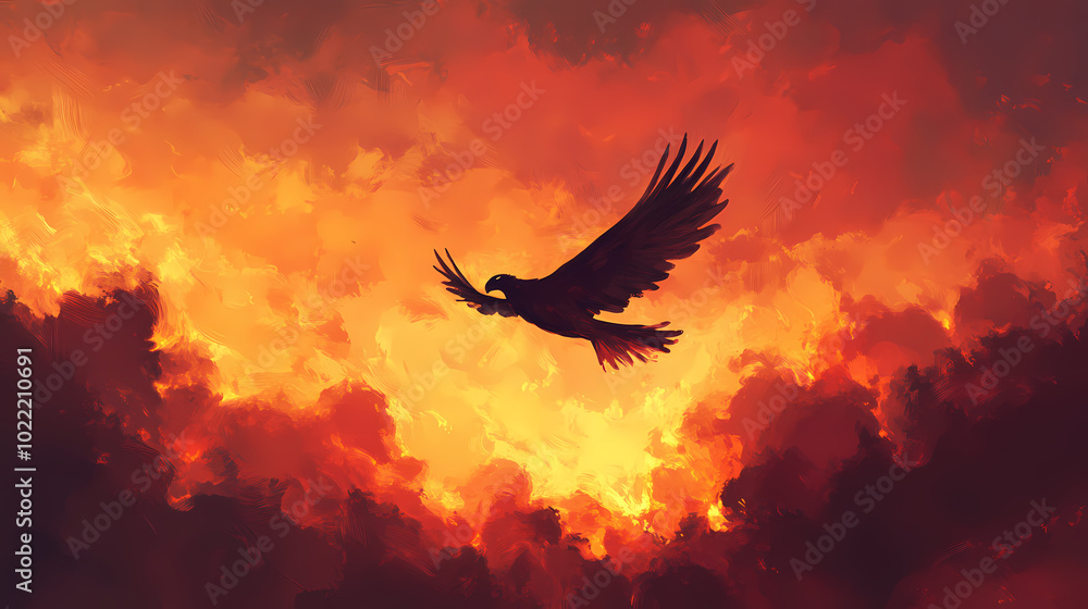 Fototapeta premium Illustration of a phoenix soaring against a backdrop of a dramatic sunset sky behind the mythical creature. Phoenix in Flames. Illustration