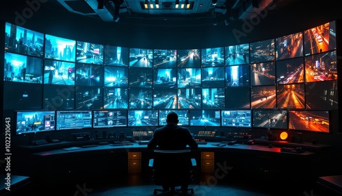 Man Monitoring Surveillance Screens in High-Tech Control Room tech background