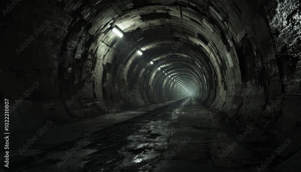 Naklejka premium Dark Underground Tunnel with Atmospheric Lighting and Gritty Walls