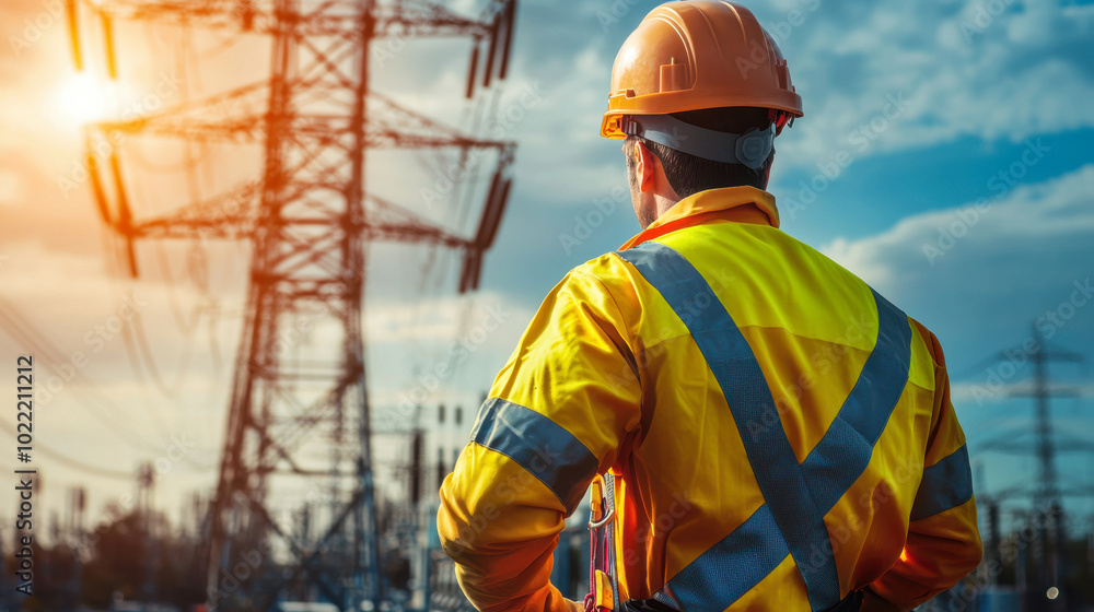 construction worker in safety helmet and reflective vest stands in front of power lines, observing infrastructure with thoughtful expression construction worker in safety helmet and reflective vest stands in front of power lines, observing infrastructure with thoughtful expression