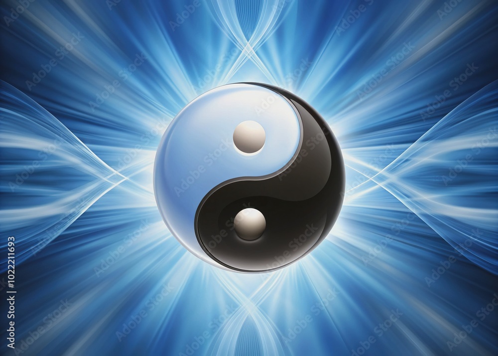 Serene harmony of opposing forces in symmetrical balance, black and white yin yang symbol centered on a soft, gradient blue abstract background. Serene harmony of opposing forces in symmetrical balance, black and white yin yang symbol centered on a soft, gradient blue abstract background.