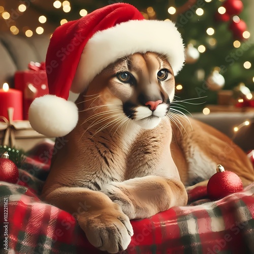 puma with christmas hat and christmas atmosphere. created with generative AI