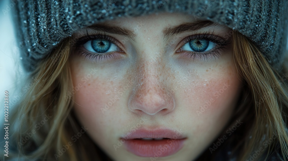 Close-up Portrait of a Woman with Blue Eyes and Freckles Close-up Portrait of a Woman with Blue Eyes and Freckles