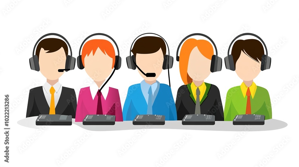 Call Center Communication Illustration on a Clean White Background, Depicting Effective Interaction Between Agents and Customers, Emphasizing Professionalism and Technology in Customer Service Call Center Communication Illustration on a Clean White Background, Depicting Effective Interaction Between Agents and Customers, Emphasizing Professionalism and Technology in Customer Service