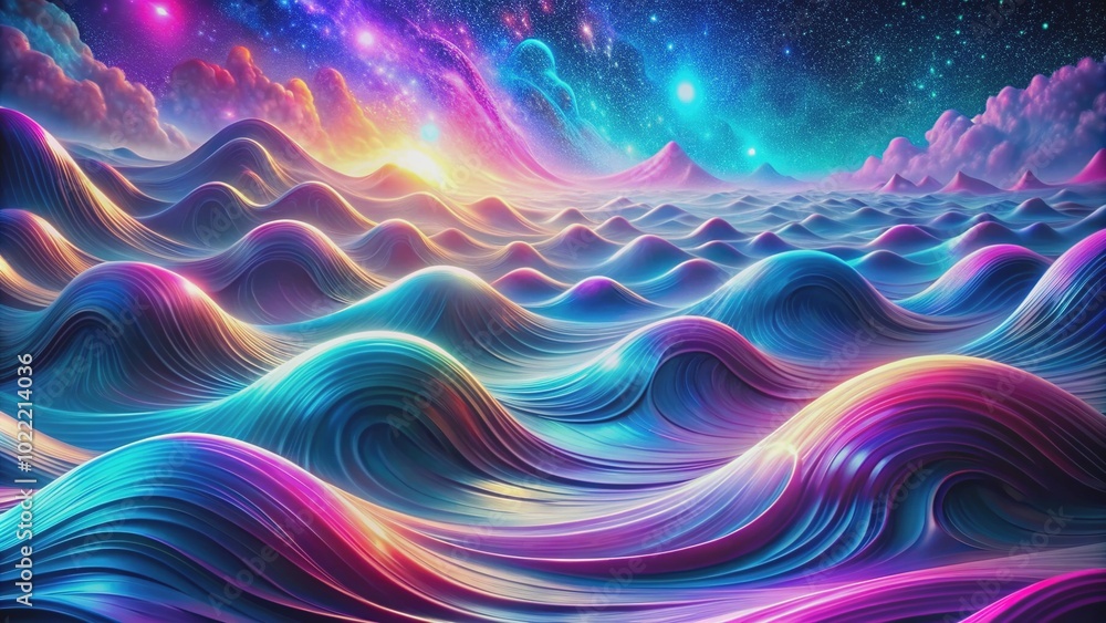 Vibrant 3D psychedelic waves undulate through a mystical blue, pink, purple, white, and turquoise universe, evoking a sense of spiritual wonder and futuristic magical connection. Vibrant 3D psychedelic waves undulate through a mystical blue, pink, purple, white, and turquoise universe, evoking a sense of spiritual wonder and futuristic magical connection.
