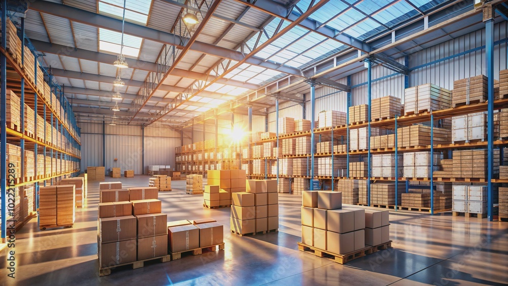 Obraz premium Spacious warehouse interior with rows of stacked cardboard boxes containing assorted goods, crates, and pallets, illuminated by natural light pouring through windows.